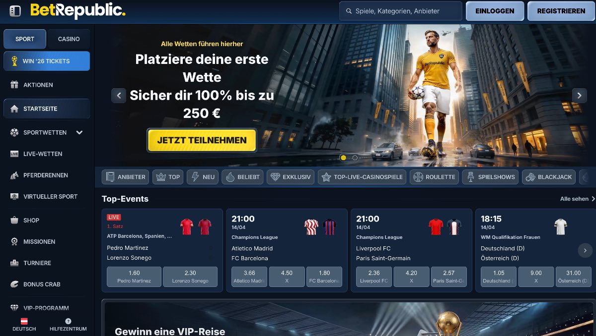 Wer den höchsten Einstiegsbonus sucht, findet bei Betrepublic als Wettanbieter ohne OASIS ein massives Angebot von 250 % bis zu 2.000 Euro für Sportwetten und Casino-Games.