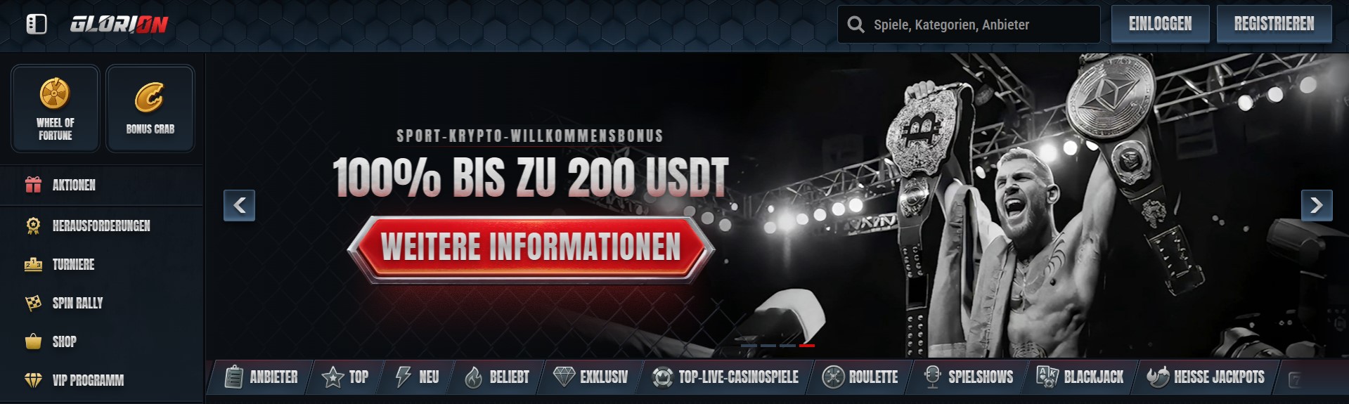 Glorion ist der Wettanbieter ohne OASIS mit der breitesten Zahlungsauswahl, die von Kryptowährungen bis hin zu Revolut reicht, und bietet so maximale Flexibilität für deine Sportwetten.